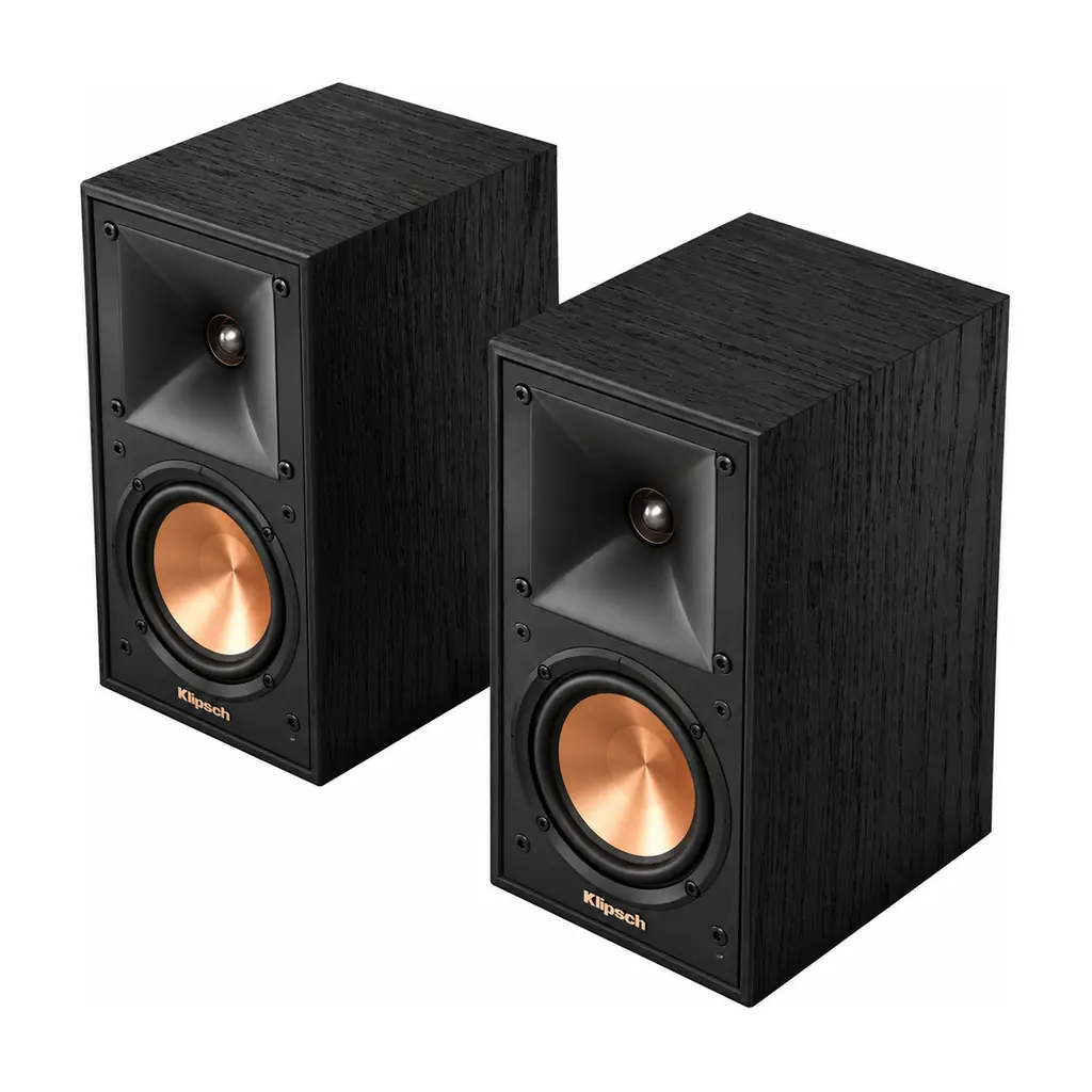 Pair of Klipsch R-40M bookshelf speakers with grilles removed
