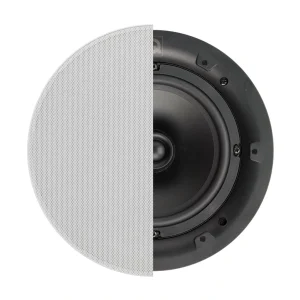 Q Acoustics QI65C circular in-ceiling speaker with half grille shown
