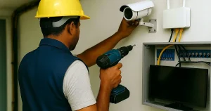 A technician in a safety helmet installing a CCTV camera